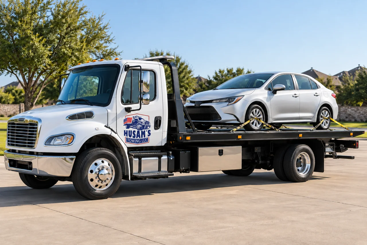Illustrative sedan transport on a branded flatbed tow truck