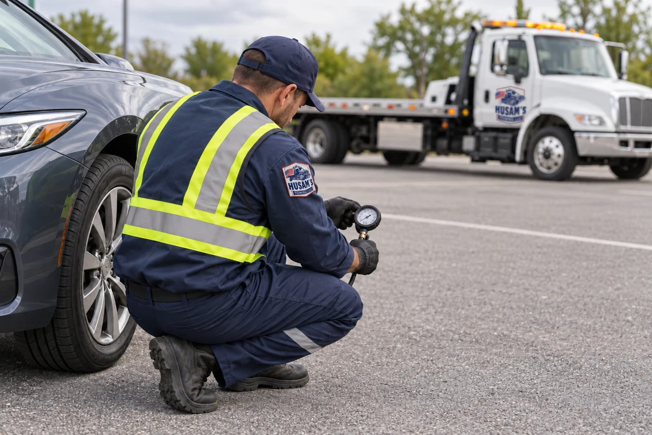 Illustrative roadside technician checking a tire beside a branded tow truck
