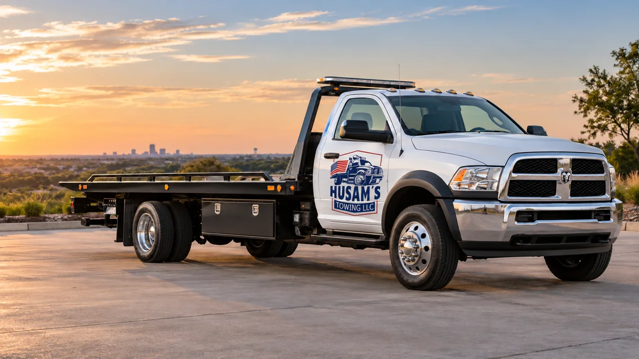 Illustrative white rollback truck with Husam’s Towing branding